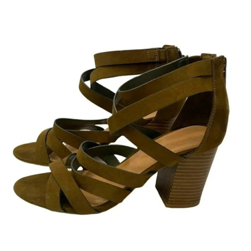 Bamboo Strappy Block Heel Sandals 8 Olive Green Faux Suede Gladiator Zip Back